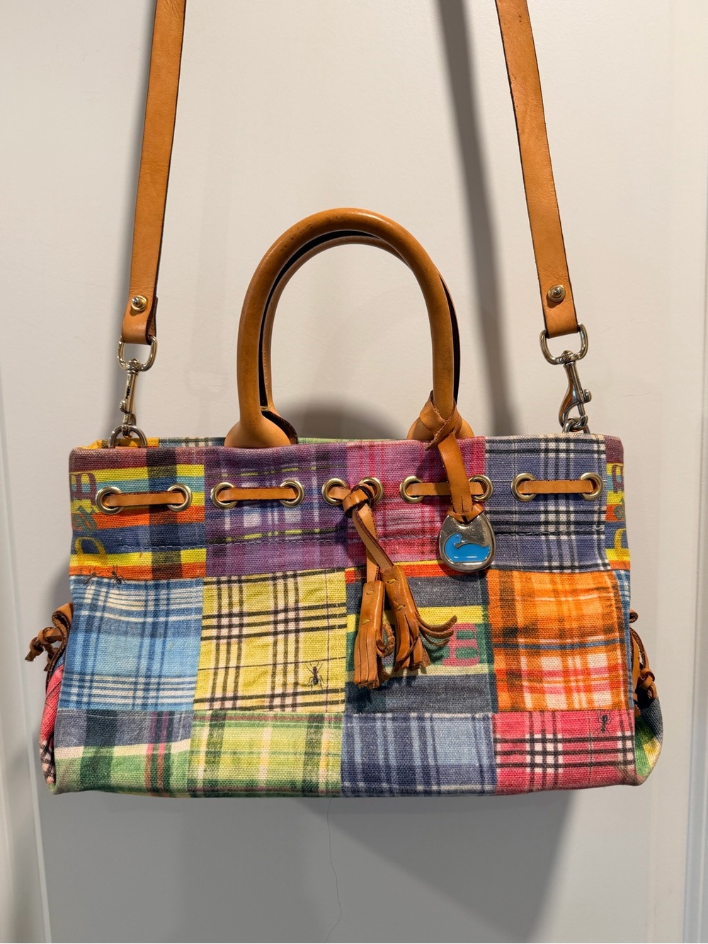 Vintage Dooney & Bourke Madras Plaid Picnic With Ants Patchwork Satchel Bag Y2K